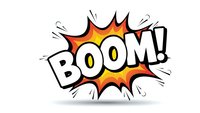 Comic book explosion burst with BOOM text in bold letters on colorful starburst background isolated on white for graphic design and print projects.