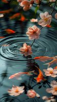 Delicate pink cherry blossoms hanging over dark rippling water with orange koi fish swimming beneath, creating a serene Asian garden atmosphere perfect for wellness and meditation designs.