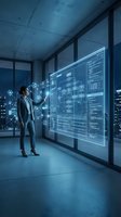 Professional businesswoman analyzing holographic data visualization interface in modern office with city skyline view at night for technology presentations.