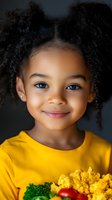 Happy African American girl with natural curly hair in yellow shirt smiling at camera with healthy colorful vegetables for nutrition education and wellness.