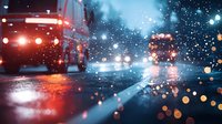 Trucks driving on wet highway during snowfall at night, with headlights reflecting on slick road surface creating atmospheric winter transportation scene.