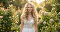 Young blonde woman in elegant white dress standing in blooming rose garden during golden hour sunset light for wedding photography and romantic portraits.