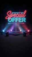 Neon special offer sign glowing in pink and blue lights on stage platform with spotlights for promotional marketing campaigns and retail sales events.