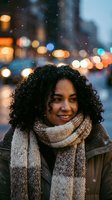Happy mixed race woman with curly hair wearing knit scarf smiling outdoors in snowy evening city with bokeh lights creating warm winter atmosphere.