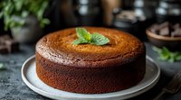 Fresh baked chocolate sponge cake garnished with mint leaves on white plate against dark background, soft natural lighting creates appetizing mood.