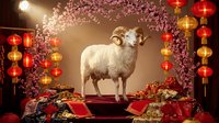 Asian-inspired festive setting featuring white sheep standing on red platform surrounded by blooming cherry blossoms, traditional lanterns, and gold decorative elements for holiday celebrations.