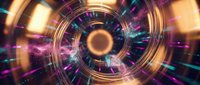 Glowing circular tunnel with golden rings and vibrant neon purple, blue, and cyan light effects creating a futuristic digital vortex for technology and sci-fi backgrounds.