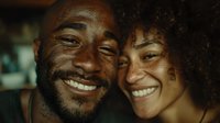 Happy African American couple smiling together in warm intimate portrait showing love and connection between young black man and woman with natural hair.