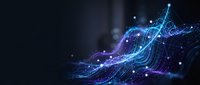 Abstract digital wave with glowing blue and purple particles flowing in dark space for technology and data visualization backgrounds.