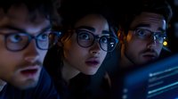 Three focused professionals wearing glasses analyzing data on computer screens in dark office environment with blue digital lighting effects.