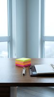 Colorful stack of adhesive notes on wooden desk with office supplies and bright window background, suitable for business and workspace design projects.