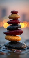 Balanced stack of smooth colorful stones creating zen tower with warm bokeh lights background for meditation and wellness concepts.
