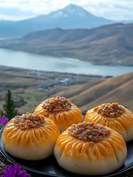 Traditional stuffed baked buns with meat filling on plate against scenic mountain lake landscape background for culinary tourism and regional cuisine concepts.