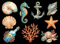 Nautical ocean elements collection featuring seahorse, anchor, seashells, starfish, coral, and bottle isolated on transparent background. Ready for t-shirt design, clipart, stickers, sublimation, and print-on-demand projects.