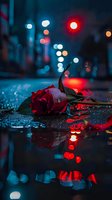 Red rose lying on wet pavement with bokeh city lights reflecting in puddles creating romantic urban night scene for love and relationship concepts.
