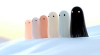 Cute minimalist ghosts in pastel colors and black lined up on snowy surface against soft gradient background, stylized spooky characters for Halloween designs.