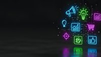 Digital marketing neon icons floating on dark background with glowing effects. Business technology symbols for online advertising and social media campaigns.