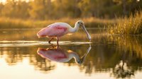 Roseate spoonbill wading in shallow water with golden sunset reflection, pink plumage bird feeding in wetland marsh during golden hour wildlife photography.