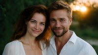 Young romantic couple smiling at sunset, wearing white clothes. Woman with natural makeup and brown hair, man with beard and blonde hair in outdoor portrait.