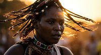 African woman with traditional dreadlocks and colorful beaded jewelry during golden hour sunset, cultural portrait showcasing indigenous heritage and natural beauty.