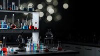 Modern laboratory interior with scientific equipment, glassware, microscope and colorful chemical solutions on dark background with bokeh lights for research.