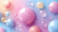 Colorful pastel spheres and bubbles floating on gradient pink and blue background, creating dreamy abstract composition for cosmetic or bath product advertising.