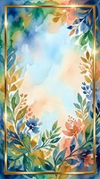 Watercolor floral frame with gold border, blue and peach tones, lush botanical leaves and flowers, copy space center for text or design.