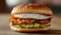 Breakfast sandwich with crispy bacon strips, fresh sliced avocado and fried egg on toasted brioche bun against dark rustic background, close up view.