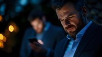 Mature businessman in blue suit checking smartphone at night with blurred colleague in background, illuminated by warm city lights and bokeh effect.