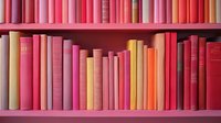 Colorful book spines arranged on wooden shelves in shades of pink, red, coral and peach create harmonious ombre effect, suitable for library and education concepts.