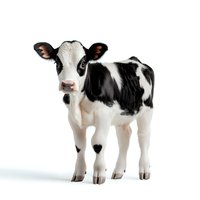 Young Holstein calf with black and white spots standing on white background, isolated cutout for agricultural and farming designs.