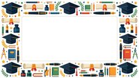 Graduation frame border with academic icons, mortarboard caps, student characters, books, diplomas, and educational symbols arranged on white background for certificate design.