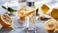 Elegant glass perfume bottle with golden cap surrounded by fresh lemon slices on white marble surface with soft natural lighting for luxury cosmetics.