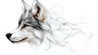 Artistic wolf head profile with flowing ethereal smoke effect against white background, monochromatic style with subtle brown accents. Isolated design element for creative projects.