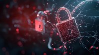 Digital padlock with network connections on dark red background symbolizing cybersecurity breach or data protection for technology and security concepts.