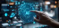 Hand touching futuristic circular interface with AI text and glowing blue holographic elements displaying artificial intelligence network connections.