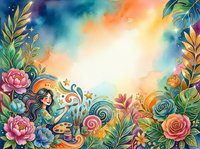 Watercolor fantasy frame with a young girl artist painting among tropical flowers, stars, and rainbow swirls, with bright copy space center.