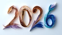 Artistic 2026 number created with colorful paper quilling technique featuring gradient feather-like elements in copper, blue and purple tones on white background.