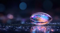 Macro photography of water drop reflecting vibrant sunset colors against dark background with bokeh lights, creating magical atmospheric effect.