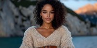 Young African American woman with natural curly hair wearing cozy beige sweater outdoors at sunset, mountain lake background, soft natural lighting creates warm atmosphere.