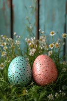 Speckled pastel Easter eggs in blue and coral pink nestled among fresh spring daisies and green grass against weathered turquoise wooden background.