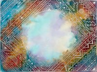 Colorful geometric tribal border frame with watercolor gradient center in turquoise, purple, and gold tones. Ornamental ethnic patterns ideal for backgrounds, invitations, and design projects.