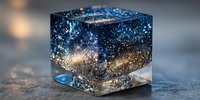 Cosmic galaxy cube with stars and nebula trapped in clear resin, creating miniature universe effect on textured surface.