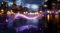 Magical glowing light trail over water surface with blurred city lights and reflections in background, creating mystical nighttime atmosphere with purple sparkles.