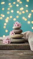 Zen spa stones stacked with pink cherry blossoms on rustic wood against turquoise background with warm bokeh lights for relaxation and wellness concepts.