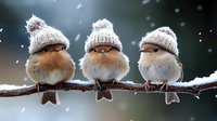 Three small birds wearing knitted winter hats perched on snowy branch during snowfall, creating whimsical winter scene with natural bokeh background.