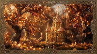 Ornate golden frame surrounds magical autumn forest scene with fairy tale castle, glowing lights and warm bokeh effects creating enchanted storybook atmosphere.