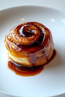 Fresh baked cinnamon roll with warm caramel sauce dripping down sides on white plate, close-up view showing gooey texture and spiral pattern.