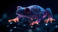 Glowing neon frog with digital particles effect on dark background, cyberpunk style animal art with network connections and bioluminescent details.