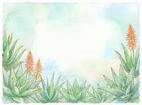 Watercolor aloe vera plants with orange flowers creating decorative border frame on soft pastel background for natural botanical design projects.